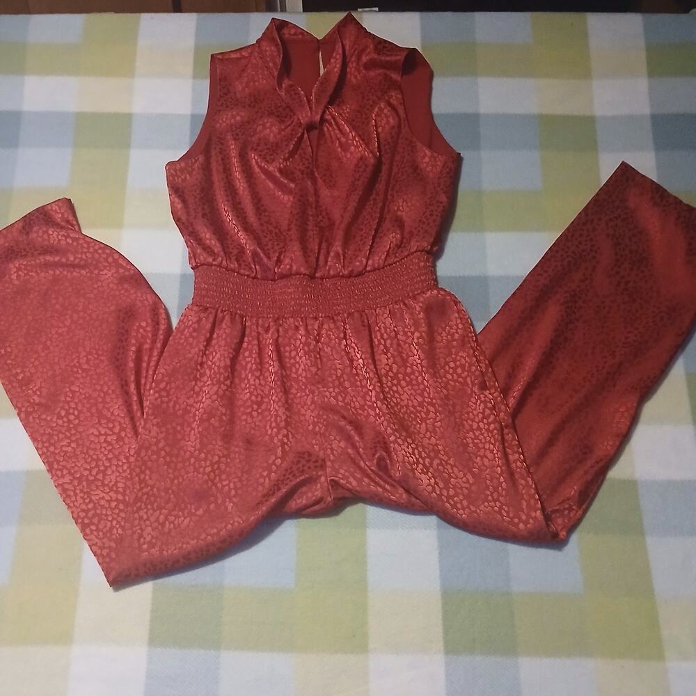 White House Black Markeet Red Leopard Jumpsuit Size Medium
